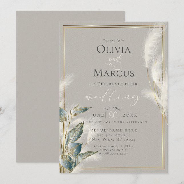 Aquamarines Anthurium und Feathery Pampas Gras Einladung (Vorne/Hinten)