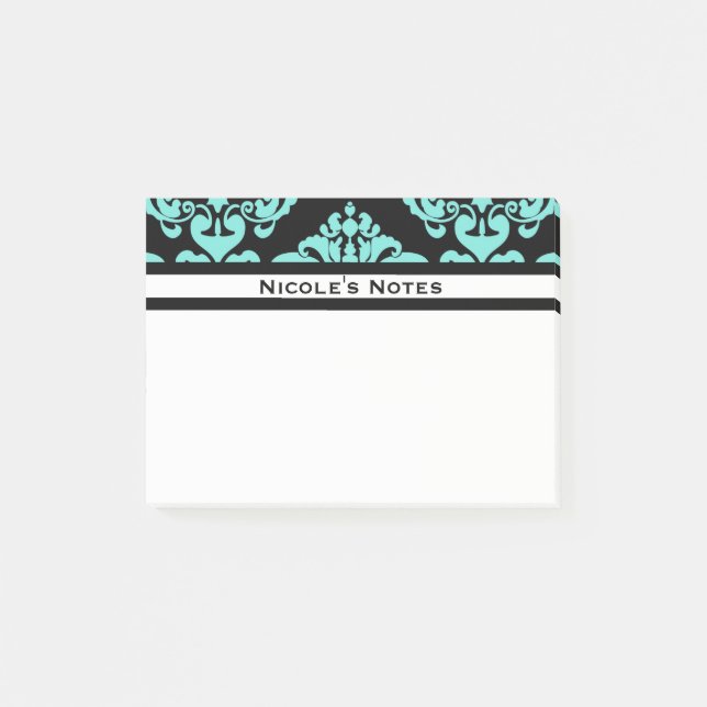 Aquamarines Aqua Black Damask Muster Modernes Pers Post-it Klebezettel (Vorderseite)