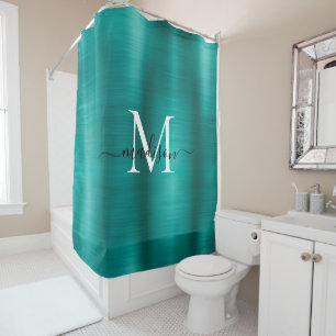 Aquamarines Aqua Brushed Metal Monogram Girly Scri Duschvorhang