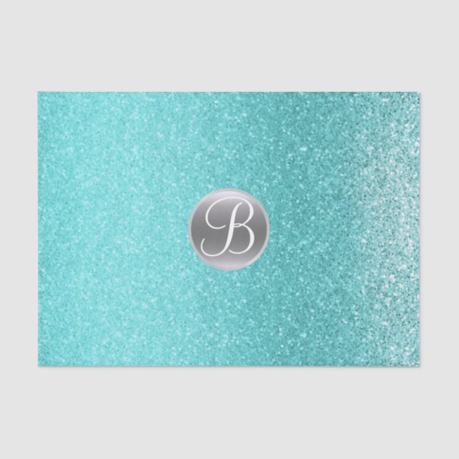 Aquamarines Aqua Glitzer Sparkle Glam Monogram Ini Seidenpapier (Vorderseite)