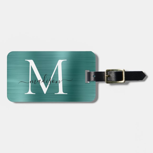 Aquamarines Aqua Green Brushed Metal Script Monogr Gepäckanhänger (Vorderseite horizontal)