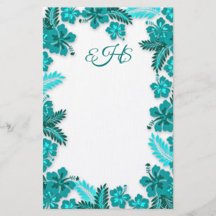 Aquamarines Aqua Hibiskus Border Mit Monogramm Bla Briefpapier