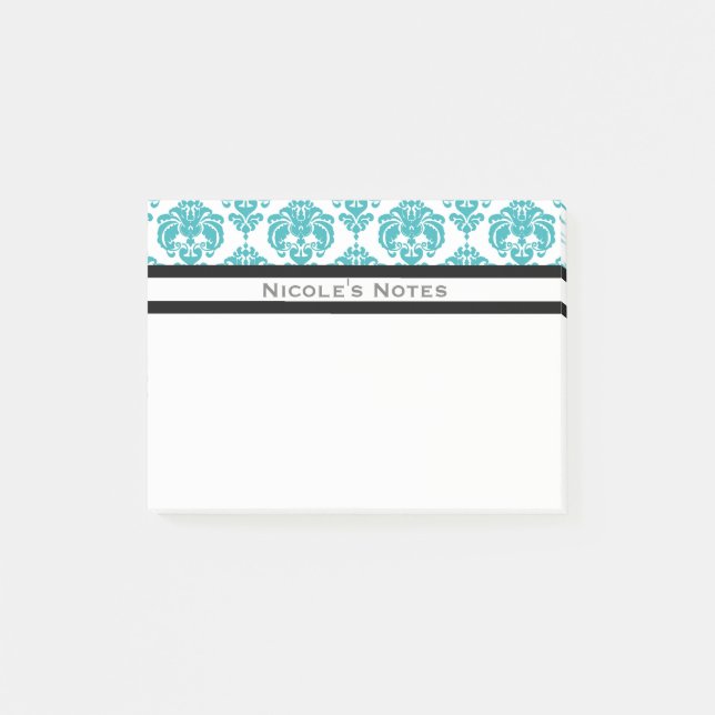 Aquamarines Aqua White Damask Muster Modernes Pers Post-it Klebezettel (Vorderseite)