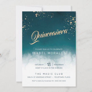 Aquamarines Aquarell Goldener Spritzer Quinceanera Einladung