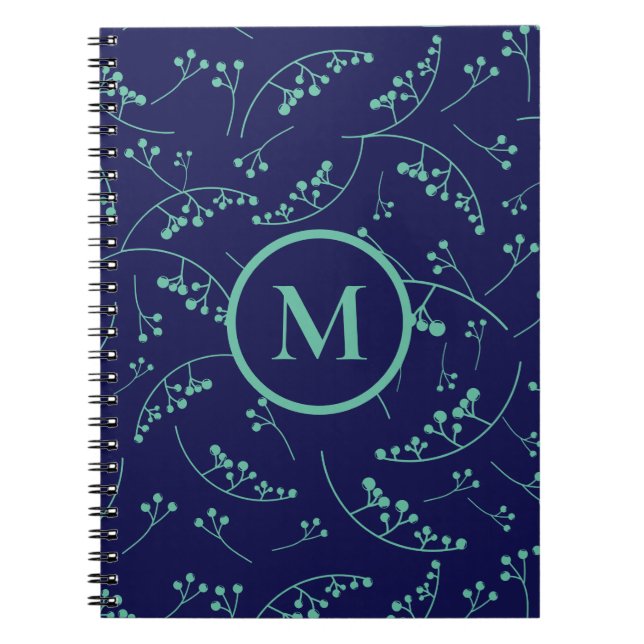 Aquamarines Beerenmuster aus Monogramm Notizblock (Vorderseite)