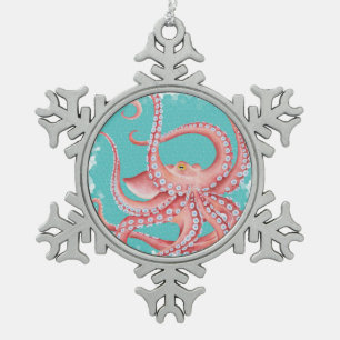 Aquamarines beflecktes Glas der roten Krake Schneeflocken Zinn-Ornament