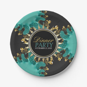 Aquamarines Black Gold Fraktal Swirt Dinner Party  Pappteller