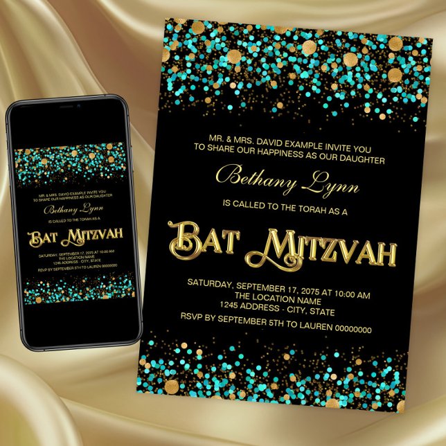 Aquamarines Blau und Gold Bat Mitzvah Einladung (Teal blue and gold Bat Mitzvah invitation. Digital download and printed invitations available.)
