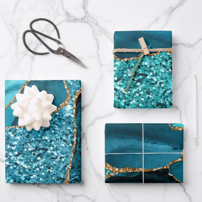 Aquamarines Blau und Gold Imitate Glitzer Agate Geschenkpapier Set (Vorderseite)