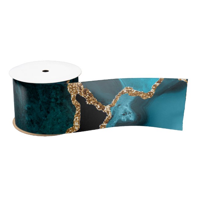 Aquamarines Blau und Gold Imitate Glitzer Agate Satinband (Spule)