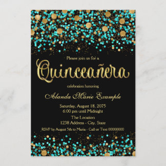 Aquamarines Blau und Gold Quinceanera Einladung