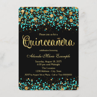 Aquamarines Blau und Gold Quinceanera Einladung