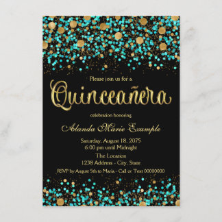 Aquamarines Blau und Gold Quinceanera Einladung