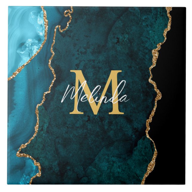 Aquamarines Blau und Goldmarmor Agate Fliese (Vorderseite)
