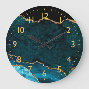 Aquamarines Blau und Goldmarmor Agate Große Wanduhr