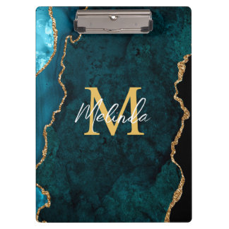 Aquamarines Blau und Goldmarmor Agate Klemmbrett