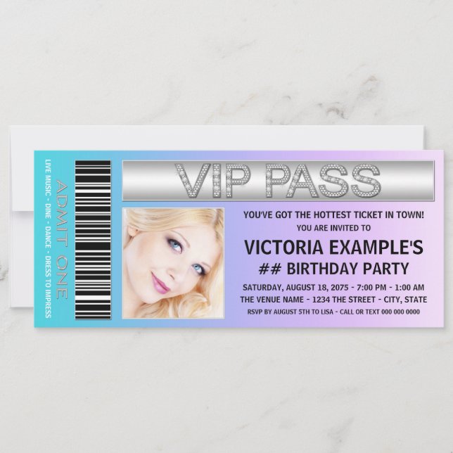 Aquamarines Blau und Lila Ticket Geburtstagsparty Einladung (Vorderseite)