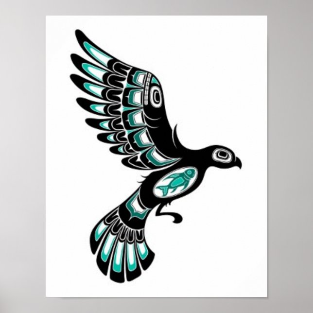 Aquamarines Blau und Schwarzer Haida Spirit Bird Poster (Vorne)