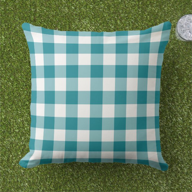 Aquamarines Blau und Weiß Gingham Kariertes Muster Kissen (Gras)