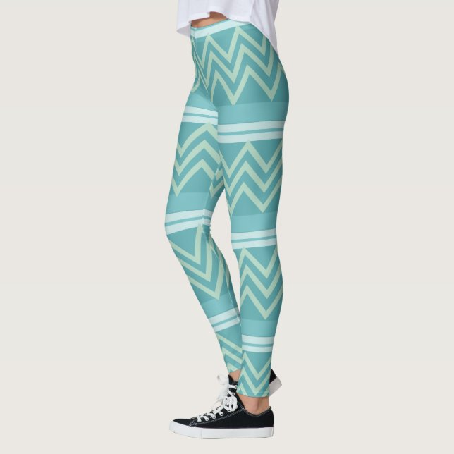 Aquamarines Blaues geometrisches Zickzack Muster Leggings (Links)