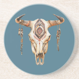 Aquamarines blaues Indianerstammhorn Skull Getränkeuntersetzer