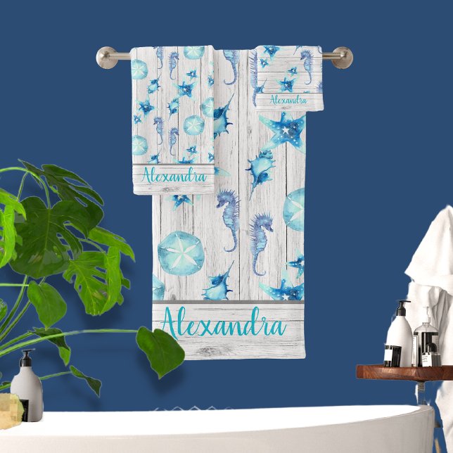 Aquamarines blaues Küstenmeer-Leben Weißholz Badhandtuch Set (Von Creator hochgeladen)
