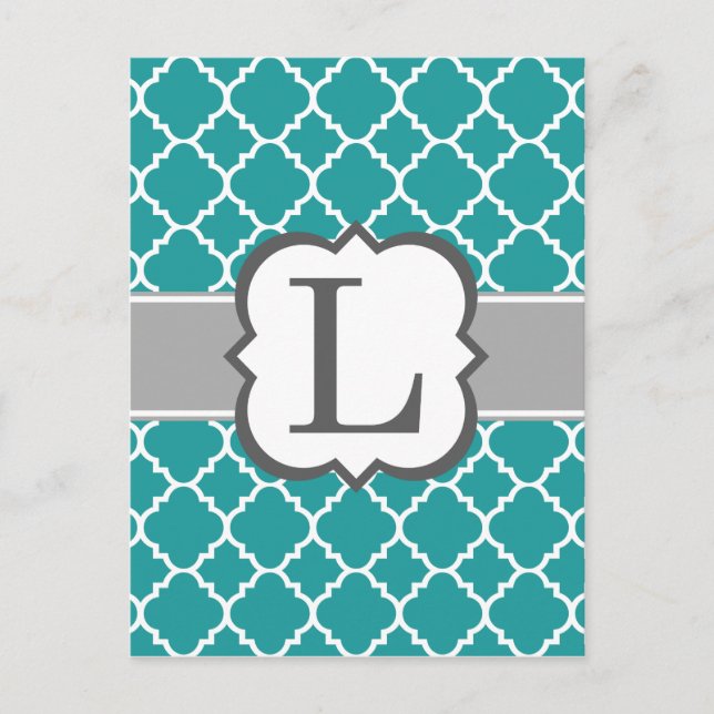 Aquamarines blaues Monogramm Letter L Quatrefolie Postkarte (Vorderseite)