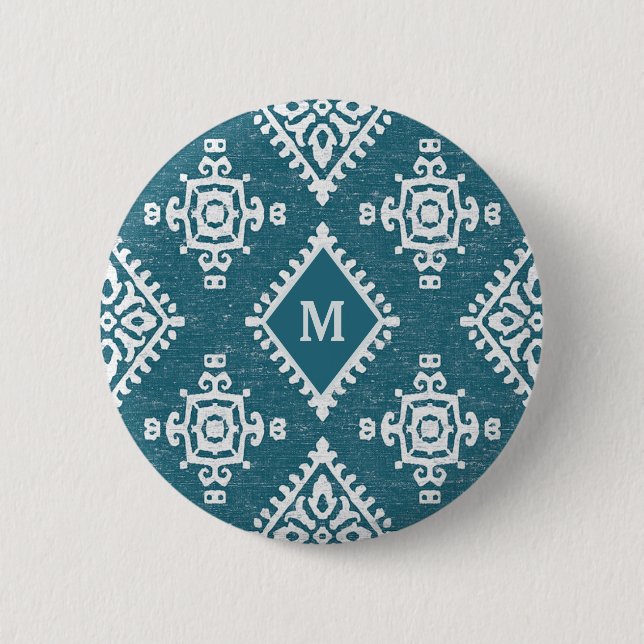 Aquamarines blaues Muster des Monogramm-| Amadora Button (Vorderseite)