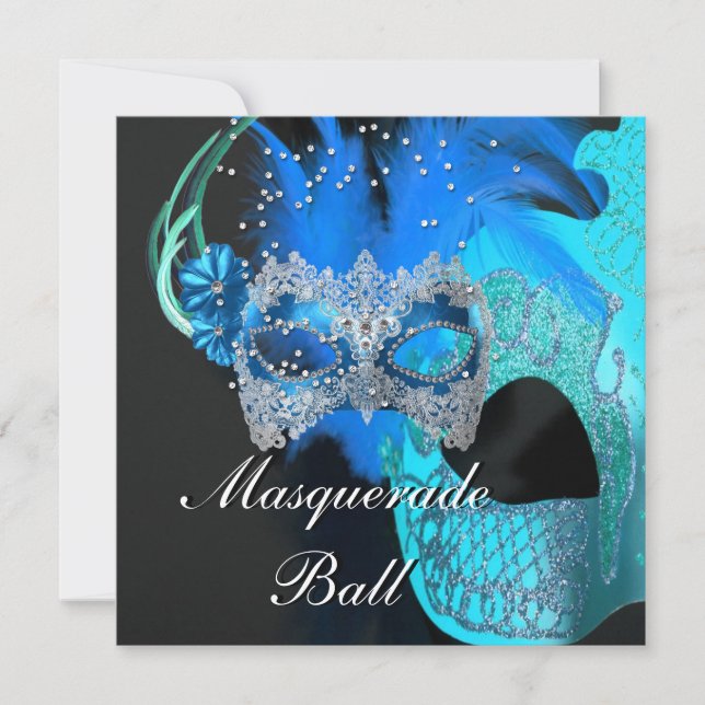 Aquamarines blaues Schwarzes Masquerade Ball Party Einladung (Vorderseite)