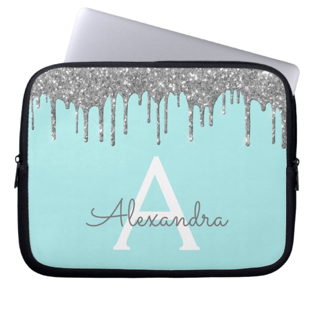 Aquamarines blaues Silber-Glitzer-Sparkon-Monogram Laptopschutzhülle (Vorderseite)