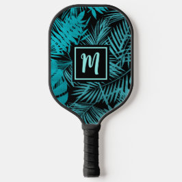 Aquamarines blaues Tropenmonogramm Palmblättriger Pickleball Schläger
