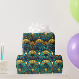 Aquamarines, blaues und goldgefestigtes Pfauenglas Geschenkpapier