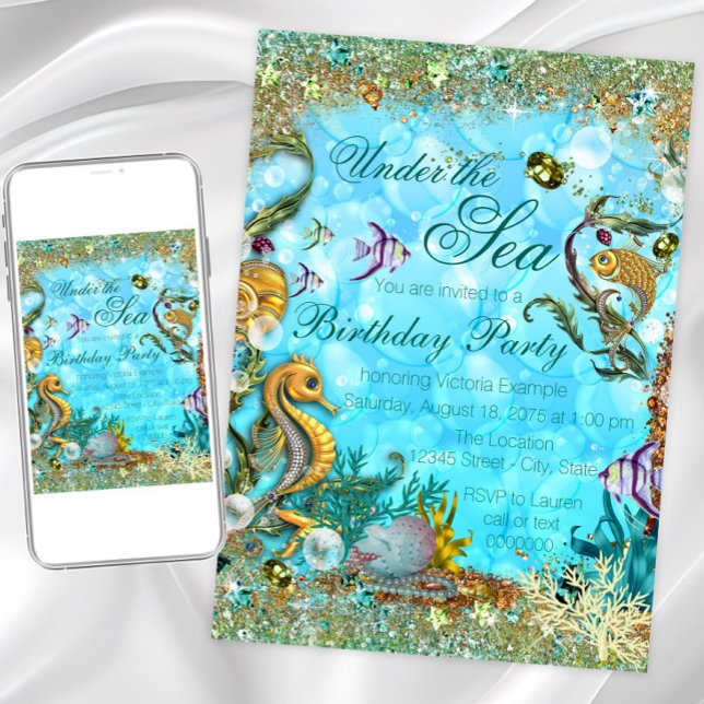 Aquamarines Blaues Untermeer Geburtstagsparty Einladung (Pretty gold undersea fish, shells and seahorse on a glittery bubble background. For any occasion.)