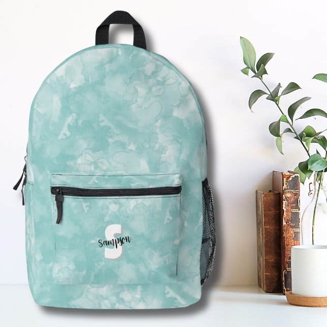 Aquamarines Blaues Wasserfarben Initialmonogramm Bedruckter Rucksack (Cute Modern Monogram Teal Blue Watercolor Printed Backpack)