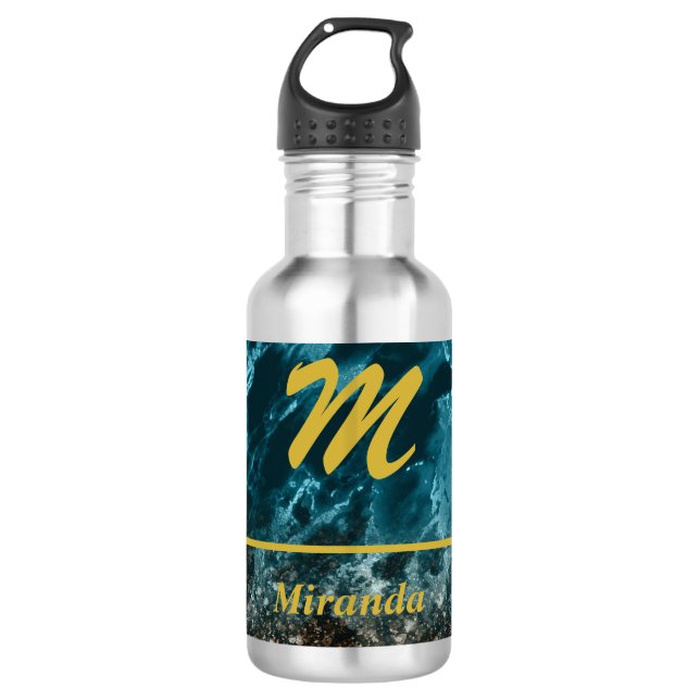Aquamarines Blue Agate Glitzer Monogram personalis Edelstahlflasche (Vorderseite)