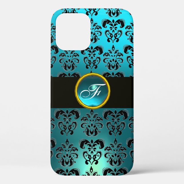 AQUAMARINES BLUE BLACK DAMASK GEM STONE MONOGRAMM Case-Mate iPhone HÜLLE (Rückseite)