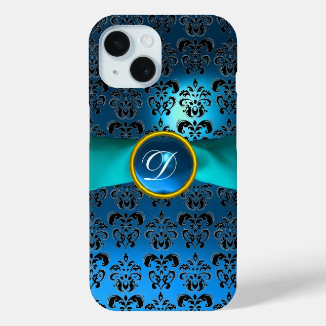 AQUAMARINES BLUE BLACK DAMASK GEMSTONE MONOGRAMM Case-Mate iPhone HÜLLE (Rückseite)