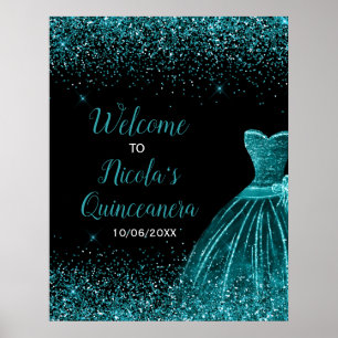 Aquamarines Blue Dress Imitats Glitzer Quinceanera Poster