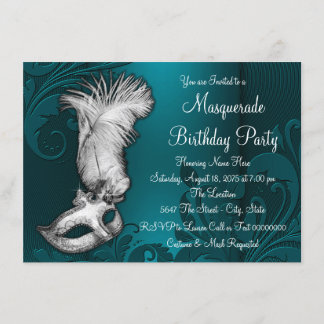 Aquamarines Blue Feather Mask Masquerade Party Einladung