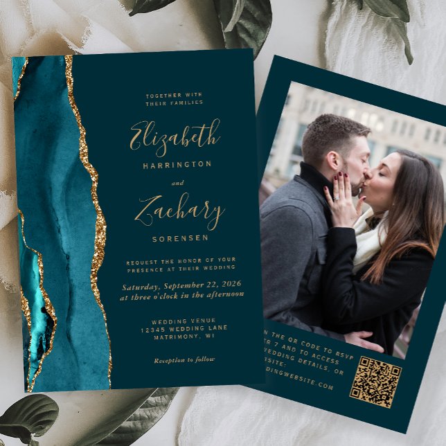 Aquamarines Blue Gold Agate Foto QR Code Hochzeit Einladung (Von Creator hochgeladen)