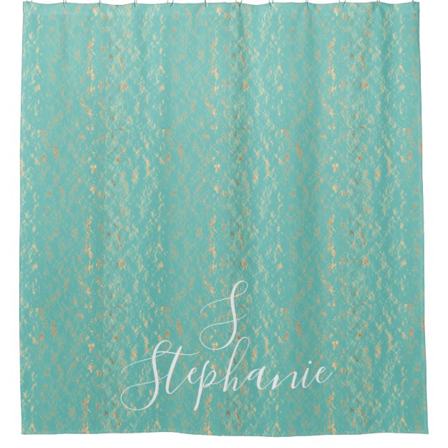 Aquamarines Blue Gold Vintag Glittery Monogramm Duschvorhang (Vorderseite)