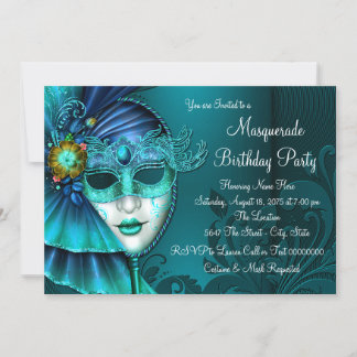 Aquamarines Blue Mask Masquerade Party Einladung