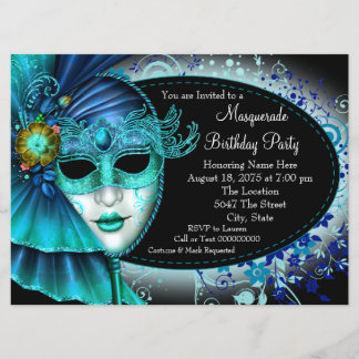 Aquamarines Blue Midnight Masquerade Party Einladung