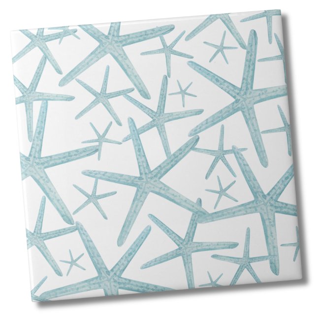 Aquamarines Blue Nautical Beach Muster Fliese (Teal Nautical Starfish Sea Shell Beach Pattern Ceramic Tile)