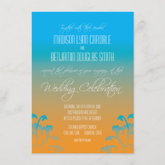 Aquamarines Blue Orange Blühend Hochzeitsempfang Einladung