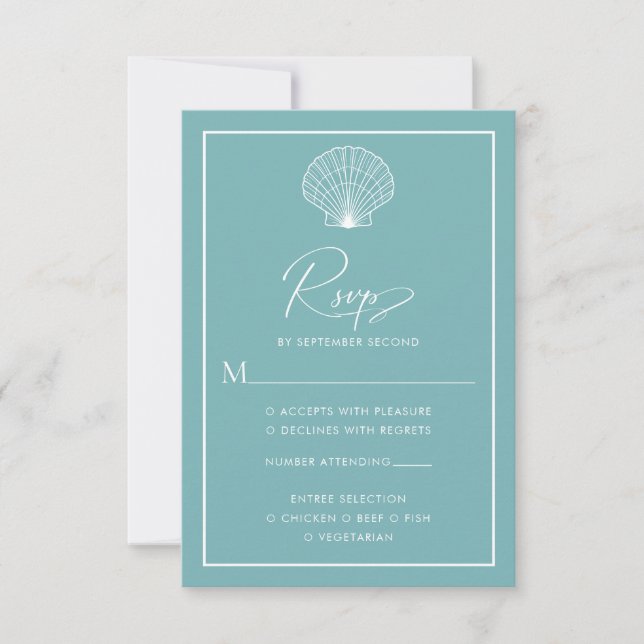 Aquamarines Blue Seashell Beach Wedding Elegant RSVP Karte (Vorderseite)