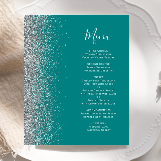 Aquamarines Blue Silver Glitzer Edge Wedding Menu (Von Creator hochgeladen)