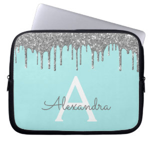 Aquamarines Blue Silver Glitzer Sparkon Monogramm Laptopschutzhülle