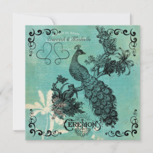 Aquamarines Blue Vintag Peacock Hochzeitsempfang Einladung