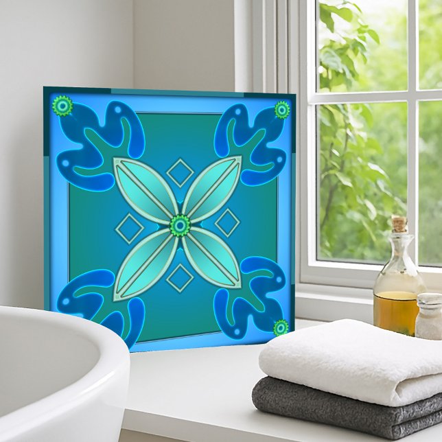 Aquamarines Blumendesign Badezimmer Tile Fliese (Modern geometric floral design tile for bathroom or kitchen in teal and blue green)